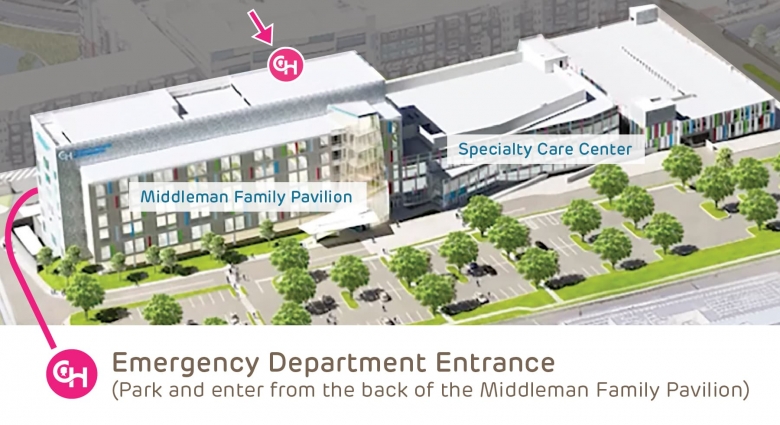 KOP Hospital Emergency Department Entrance located in back of Middleman Family Pavilion