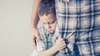 Young boy clinging to parent's leg