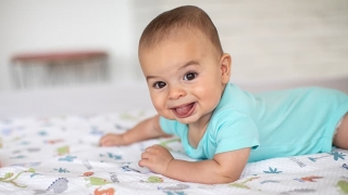 Young baby crawling and sticking its tongue out