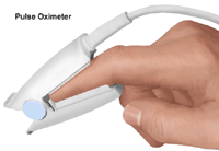 A small sensor is placed onto a finger or toe. When the machine is on, a small red light can be seen in the sensor. The sensor is painless and the red light does not get hot. Click Image to Enlarge Pulse oximetry using finger probe