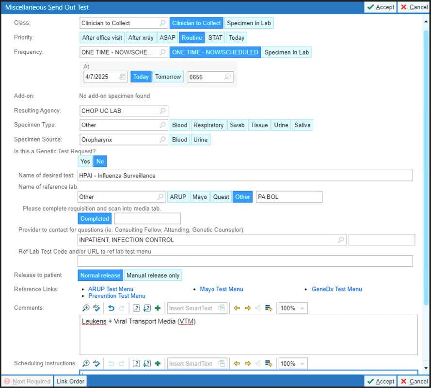 Order for Miscellaneous Send Out Test, Epic screenshot