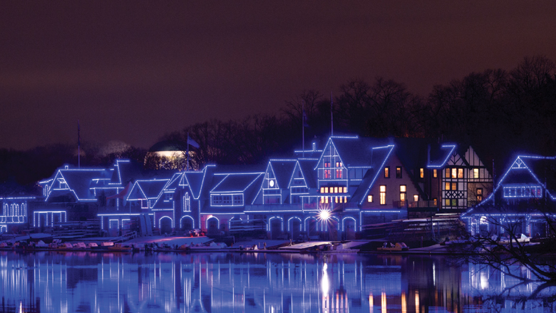 Season of Light Boathouse Row decorated in CHOP Blue lights