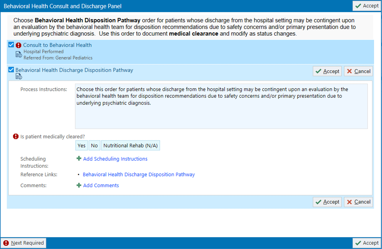 Epic screenshot, social work disposition planning