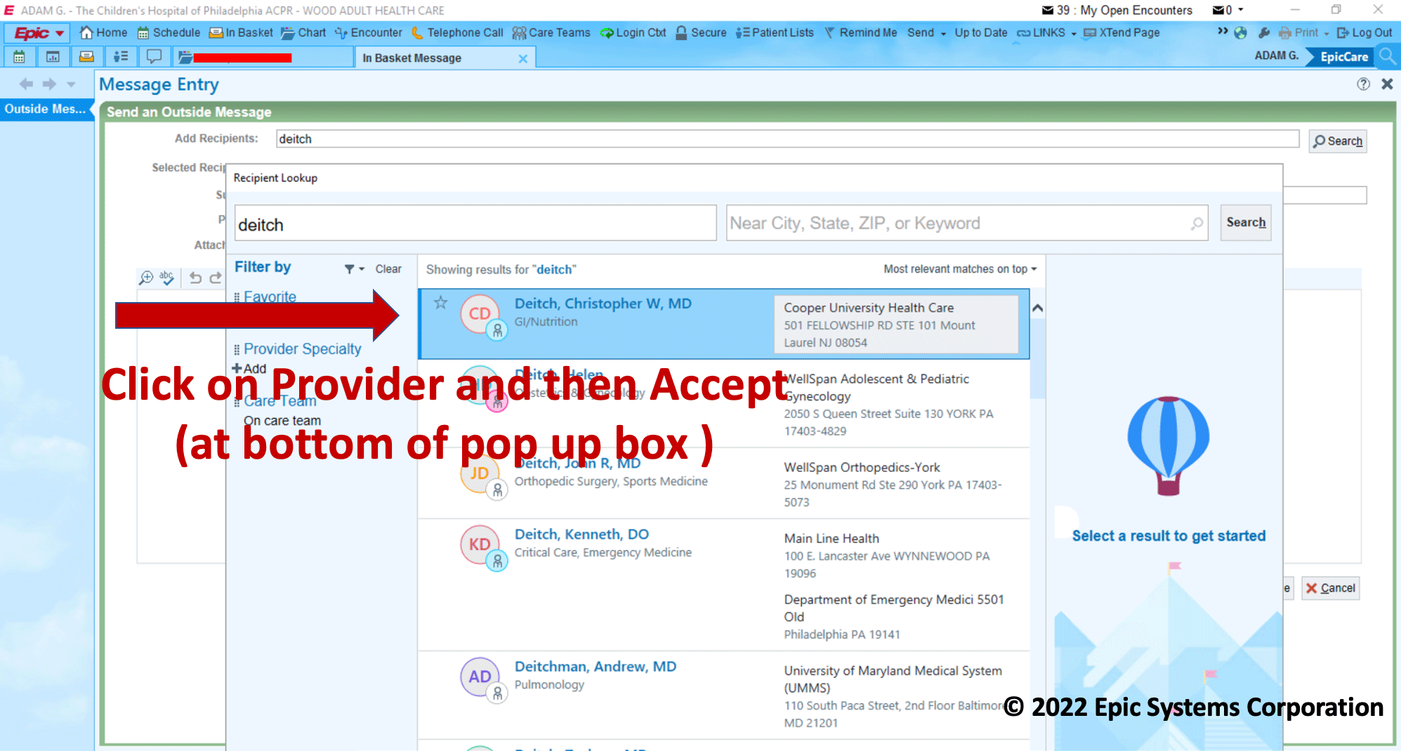 Epic screenshot, step 4, click on provider and then accept screenshot