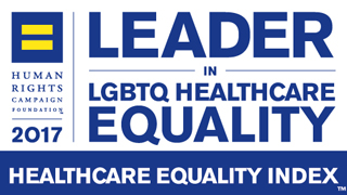 Healthcare Equality Index badge for 2017 Leader in LGBTQ Healthcare Equality