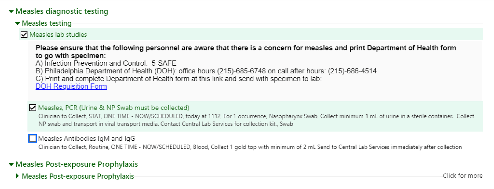 Screenshot of measles diagnostic testing Epic orderset