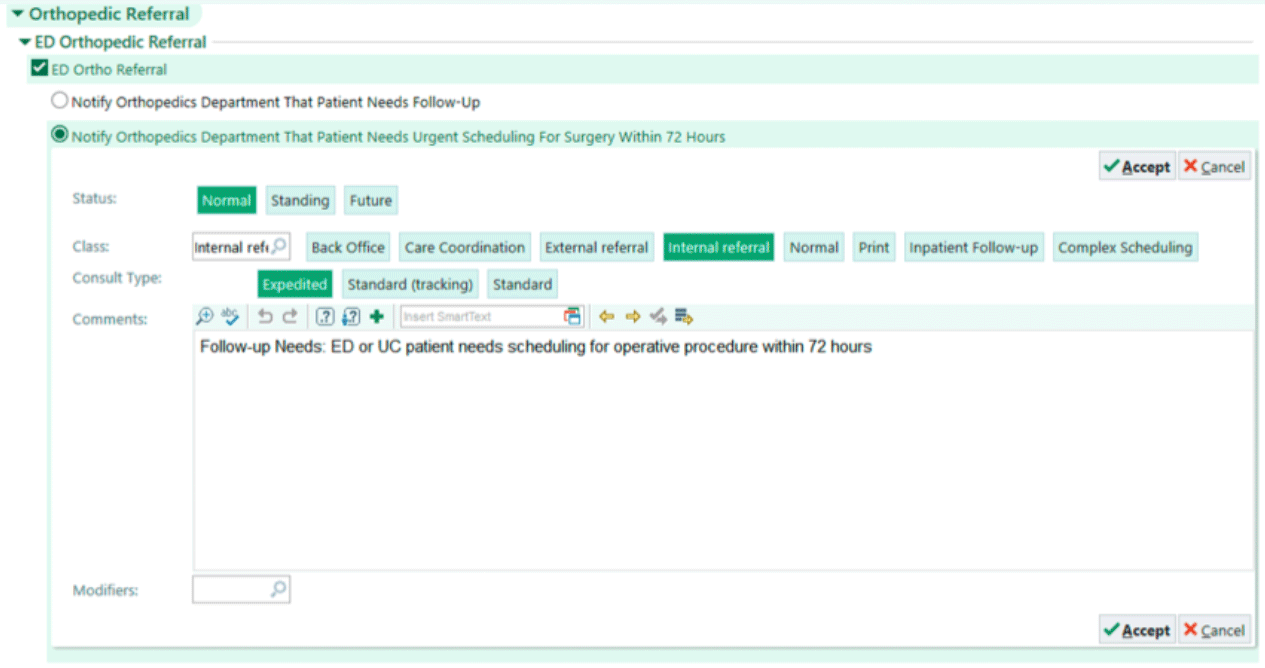 Ortho referral Epic screenshot