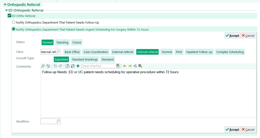 Orthopedic Referral Order Epic screenshot