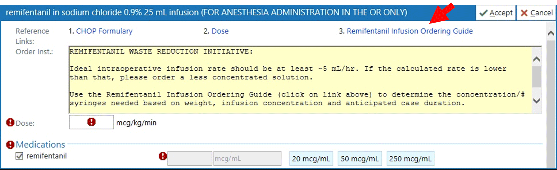 Remifentanil concentration dosing guide Epic screenshot