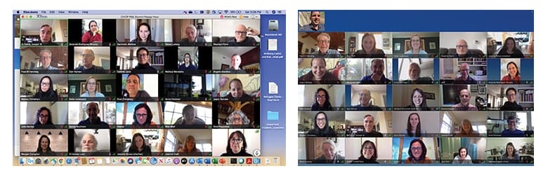 Side by side screenshots of PAS alumni virtual happy hours