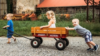 The Barkhouse boys pushing their sister in a wagon