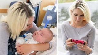 Side by side photos of mother holding son and monitoring on phone from remote location