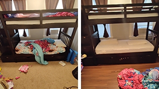 Before and after images of bedroom floor updates completed by CAPP+ Home Repairs