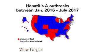 Hepatitis A outbreaks in the US Jan 2016 to July 2017