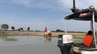 Dr. Sanseau on a boat in Old Fangak, South Sudan, 2018