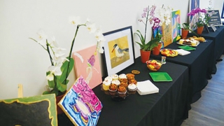 Table display with art projects and food