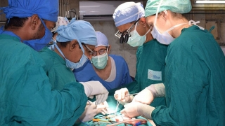 Group of urologists performing surgery