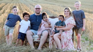 Vaia was surrounded by her family before her life-changing surgery at CHOP in 2020. Pictured (from left) are: Paxton, Oliver, dad Tom holding Vaia, mom Brittanie holding Caspian, and Bentley.