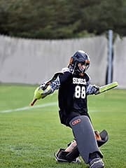 Nine months after complex hip surgery, Hannah has resumed her place as goalie on her field hockey team. Photo courtesy Skip Harris.