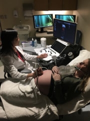 Patient receiving maternal hyperoxygenation as part of fetal echocardiography protocol.