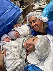 They’re finally here! New parents Kate and Matt celebrate the birth of their twins, Athena (bottom) and Josephine (top), after successful surgery for twin-twin transfusion syndrome. 