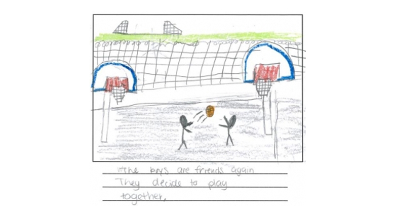 Child's illustration of two people playing basketball
