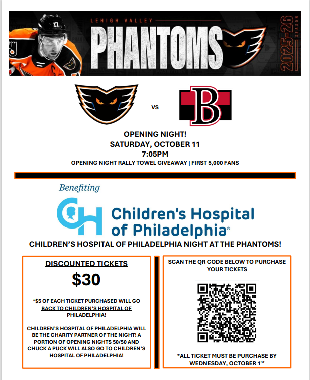 Graphic Flyer for Lehigh Valley Phantoms game benefitting CHOP