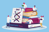 Illustration of scientists around science books