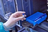 Gloved hand holding a test tube Gloved hand holding a test tube