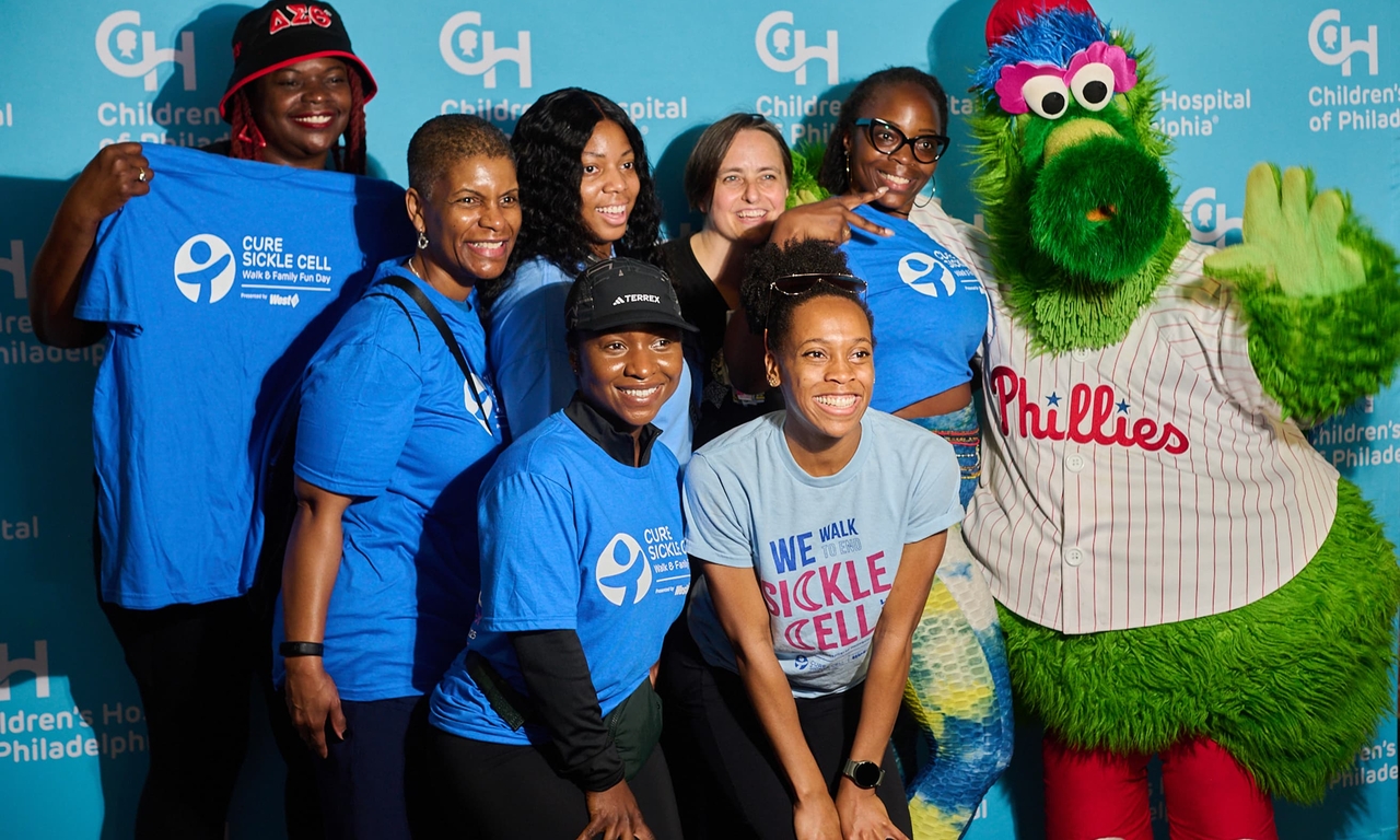 Group of walkers with Philly Phanatic at Sickle Cell Walk