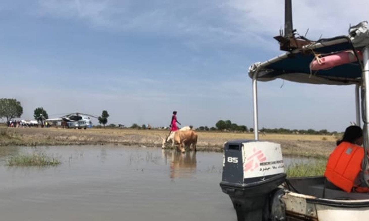 Dr. Sanseau on a boat in Old Fangak, South Sudan, 2018