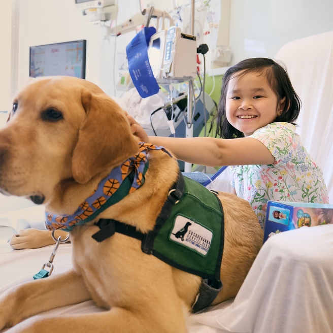 Dilly hangs out with Shelby, 9, during a blood treatment.