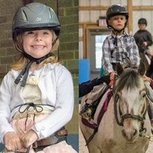 Side by side of two children riding horses