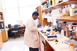Lab technician working at bench table