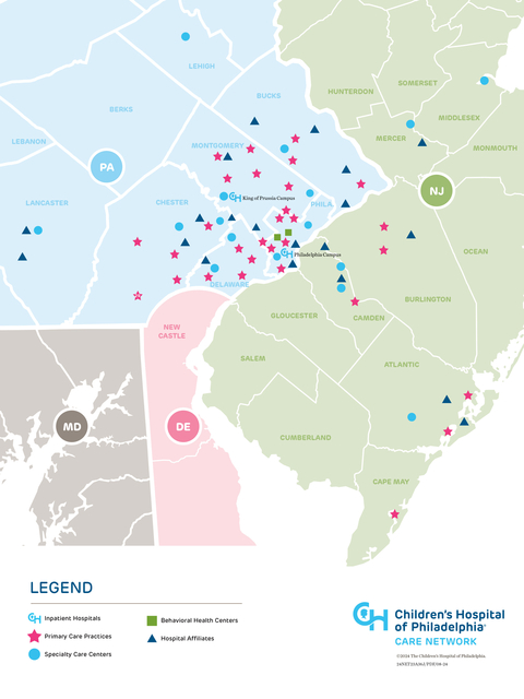 An illustrated map of CHOP's Care Network locations September 2024