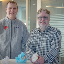 Pictured from left: Dr. Matt Jolley and Dr. Kevin Whitehead with 3D-printed heart models.
