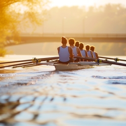 People rowing a boat on a river.