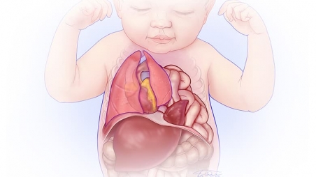 Closeup illustration of CDH showing abdominal organs moving into chest